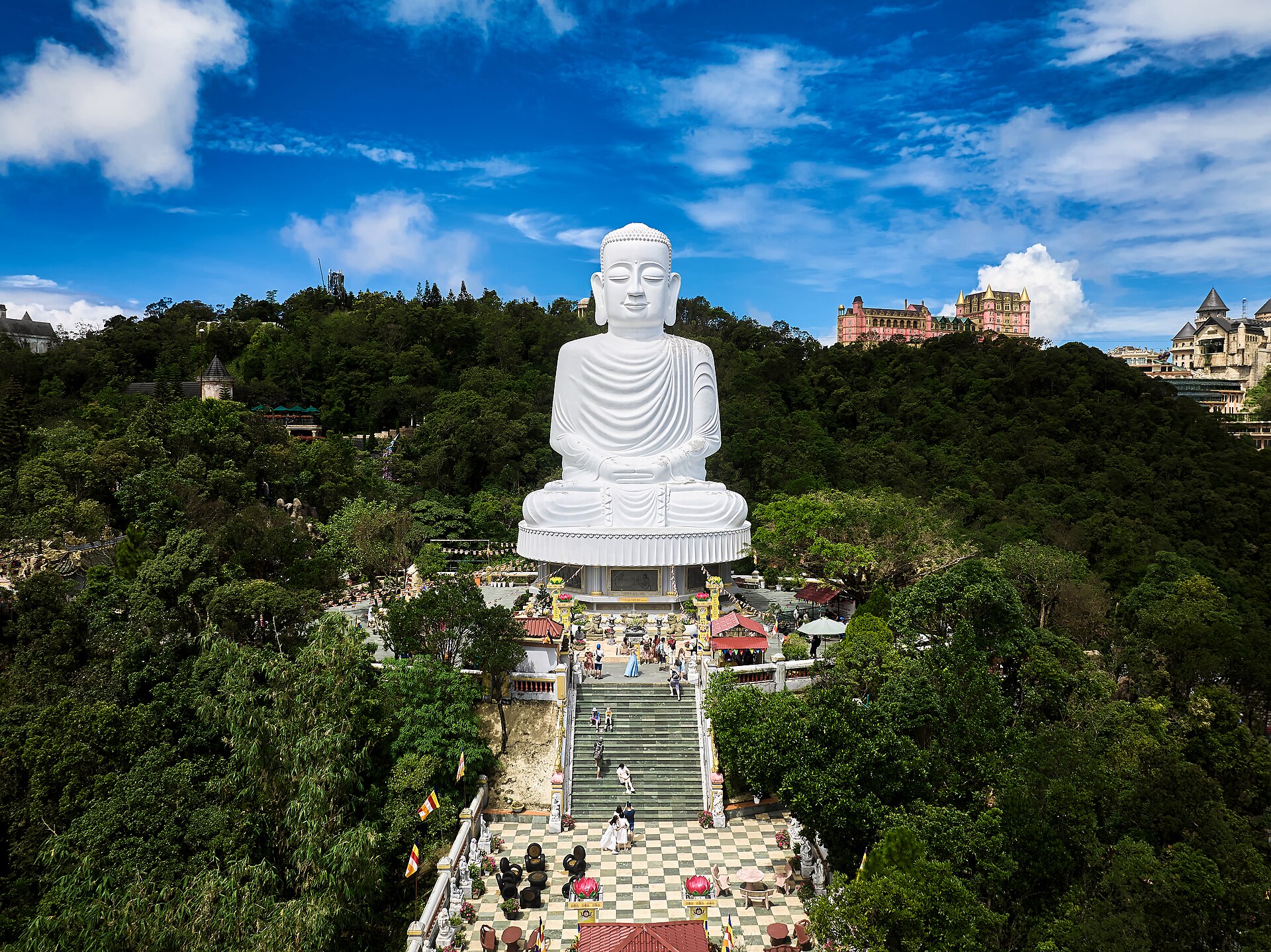 Symbol of Linh Ung Pagoda aerial view Ba Na Hills Da Nang Vietnam