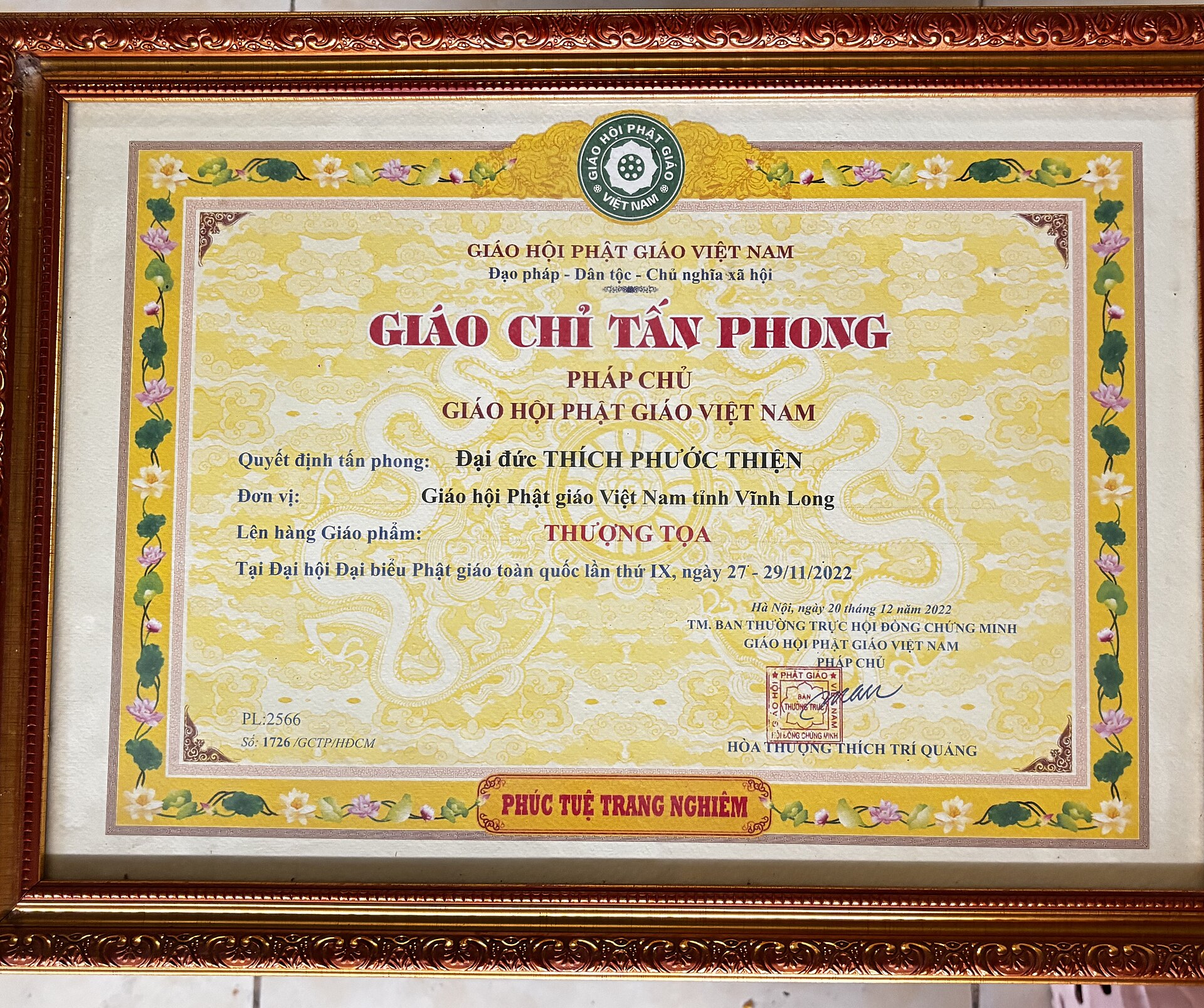 Thich Phuoc Thien Tan Phong Certificate Vietnam Buddhist Sangha 2022